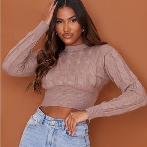 PLT Mocha Twisted Cable Knit Fitted Cropped Sweater